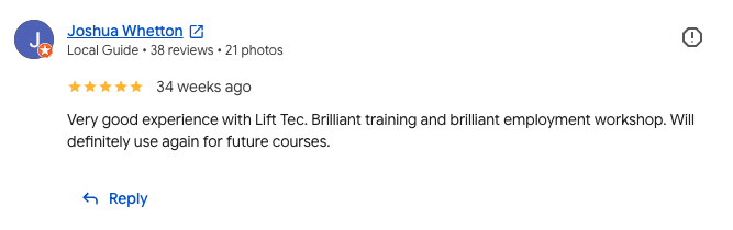 Five star Google review from a student praising the training and employment workshop